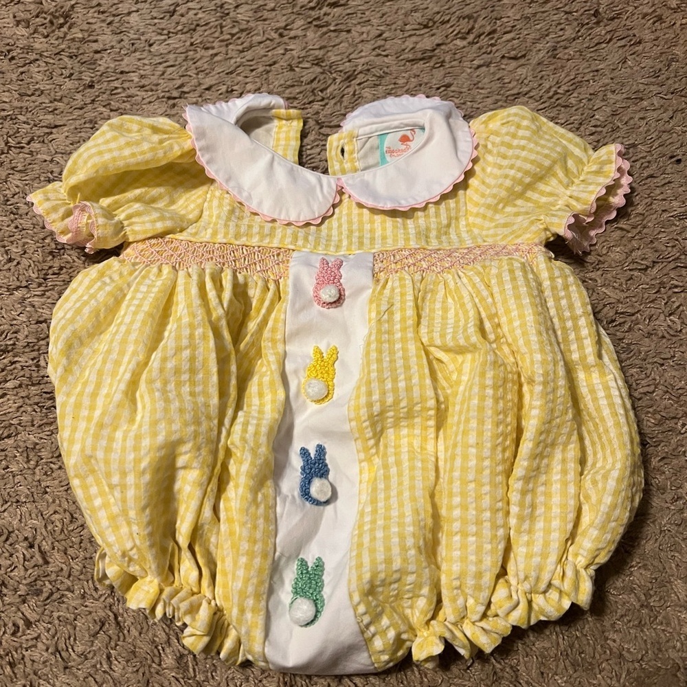 Smocked Flamingo Yellow Gingham Baby Romper with Bunny Accents
